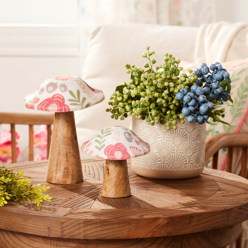 Melrose Wood Floral Patterned Mushroom (Set of 2)