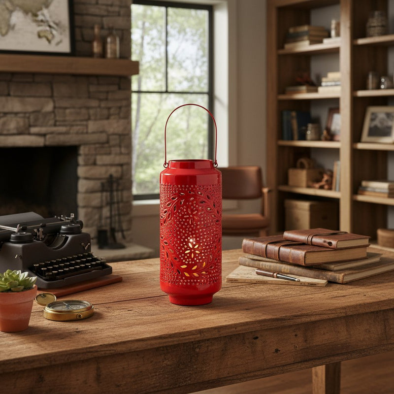 Melrose Punched Metal Candle Lantern 15.5"H Industrial Red