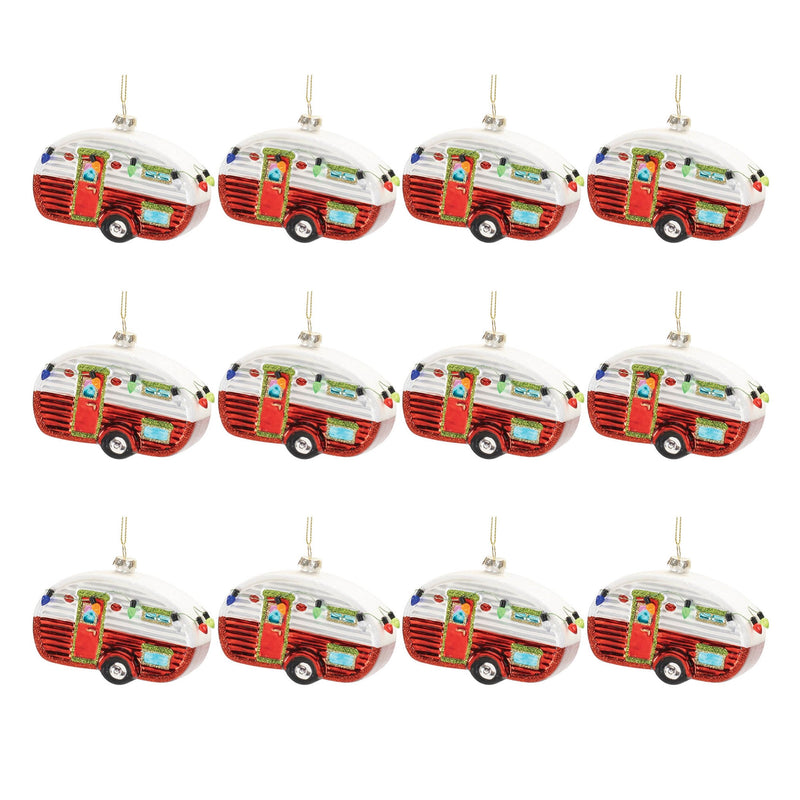 Melrose Glittered Glass Camper Ornament (Set of 12)