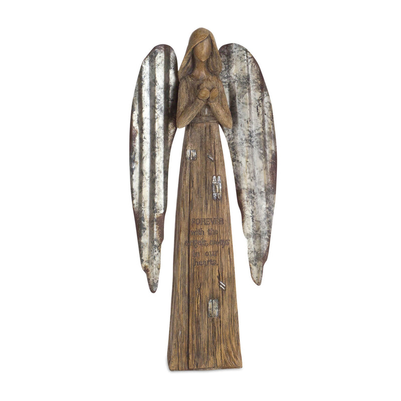 Melrose Rustic Wood Sentiment Angel with Galvanized Metal Wings (Set of 2)