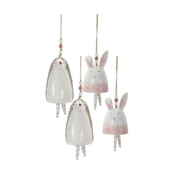 Melrose Blush Bunny and Hedgehog Bell Hanging Garden Accent (Set of 4)