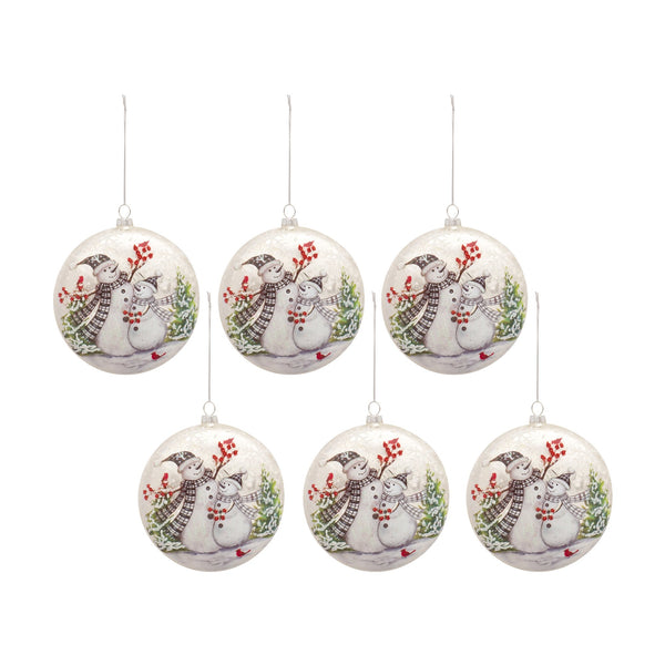 Whimsical Snowman Disc Ornament with Snowy Cardinal Scene (Set of 6)