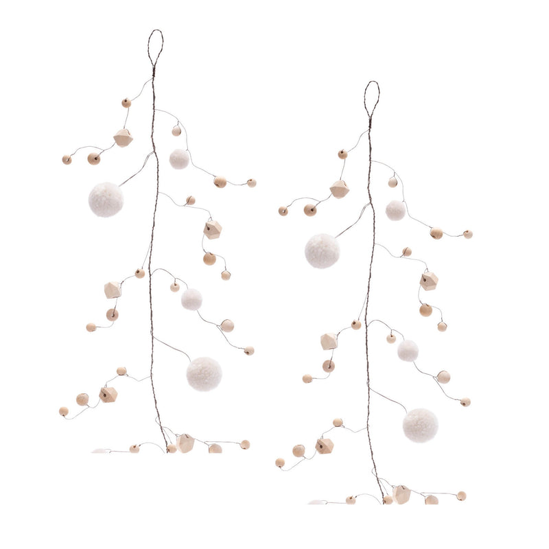 Melrose Wood Bead and Puff Ball Garland (Set of 2)