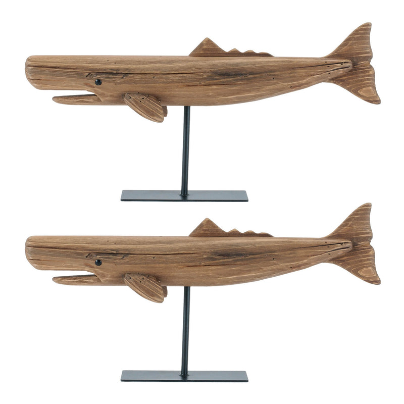 Melrose Pine Wood Whale Sculpture (Set of 2)