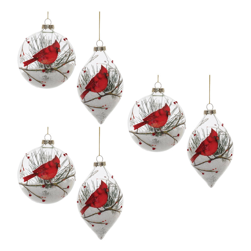 Melrose Glittered Glass Cardinal Ornament with Snow and Pine Filler (Set of 6)