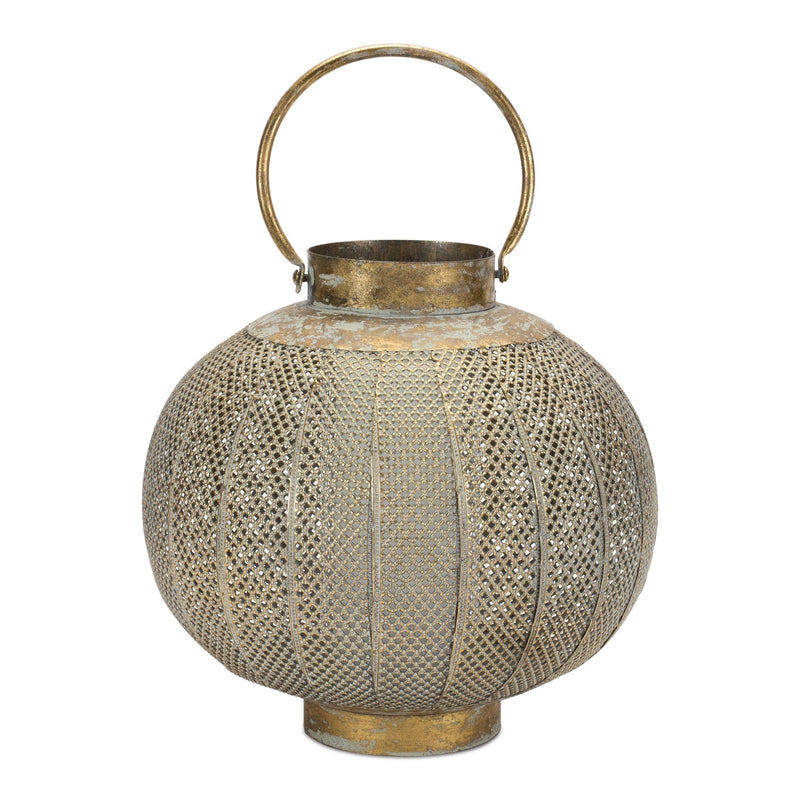 Melrose Punched Metal Candle Holder 11.5"H Bohemian & Eclectic Copper  Green