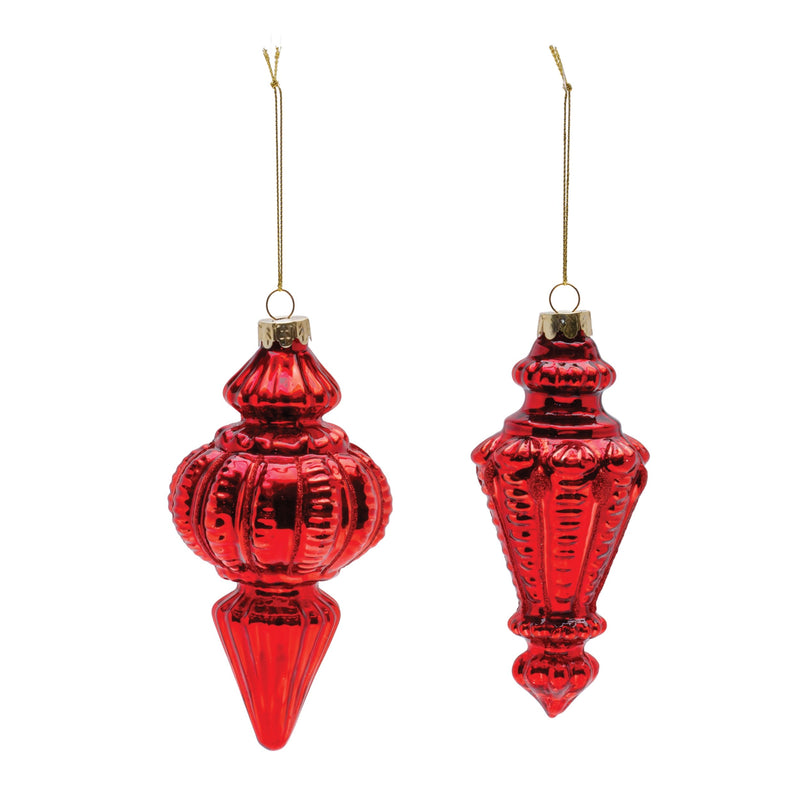 Red Ribbed Glass Finial Ornament (Set of 6)