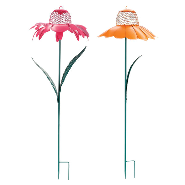 Iron Metal Flower Stake with Bird Feeder Insert (Set of 2)