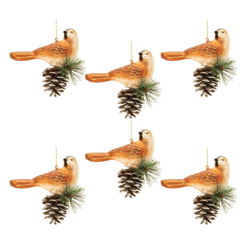 Melrose Glittered Glass Bird and Piencone Ornament (Set of 6)