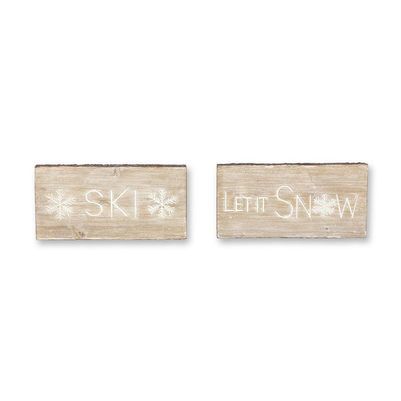 Melrose Wood Ski and Snow Sentiment Block with White Washed Design (Set of 2)