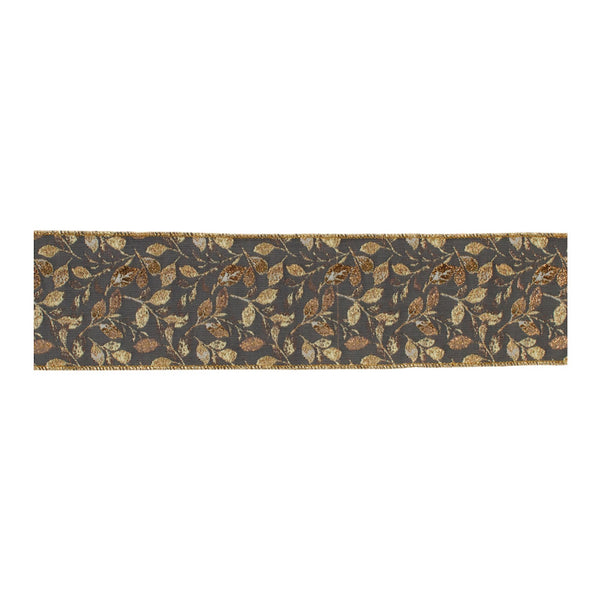 Melrose Grey and Gold Leaf Print Wired Ribbon 4" x 5yds