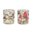 Melrose Mercury Glass Votive Candle Holder with Bird and Berry Branch (Set of 6)