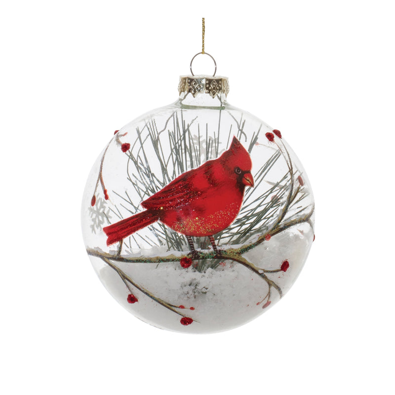 Melrose Glittered Glass Cardinal Ornament with Snow and Pine Filler (Set of 6)