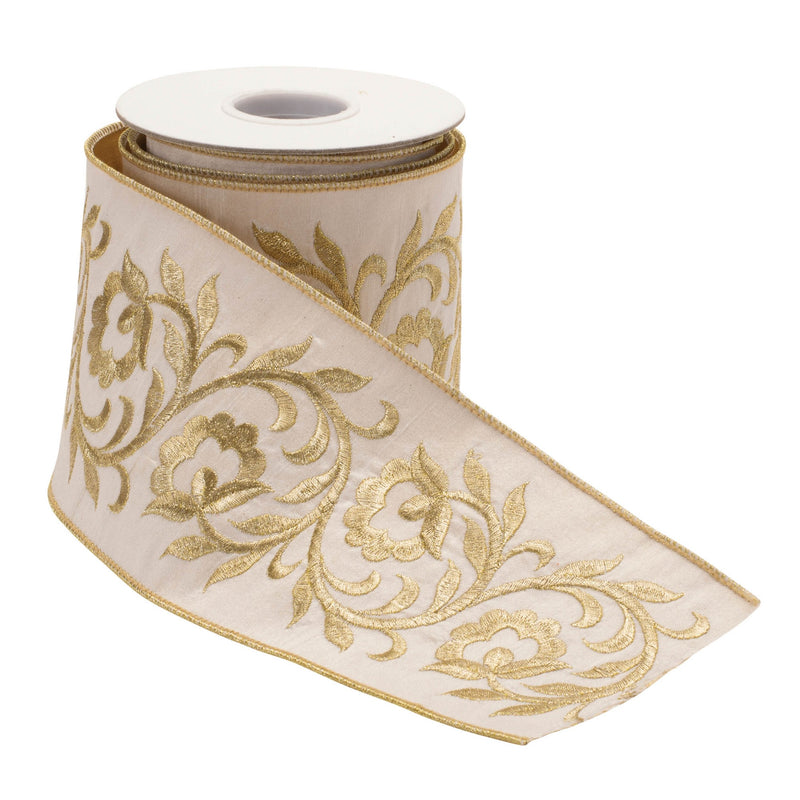 Melrose Ornate Embroidered Leaves Wired Ribbon 4" x 5 Yds.