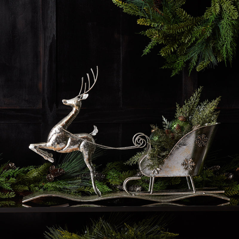 Melrose Hammered Metal Reindeer with Sleigh 25.5"L