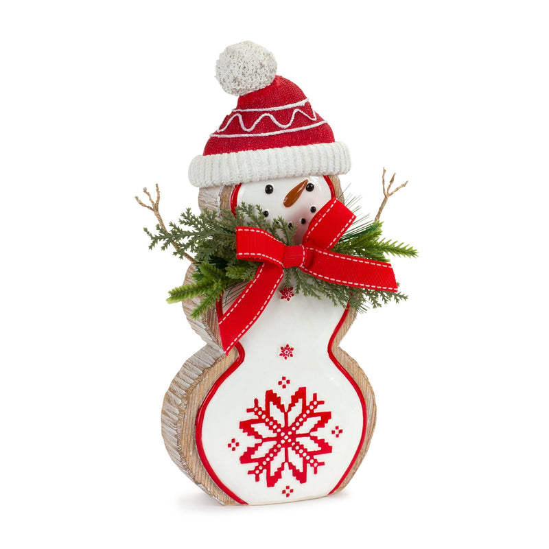 Melrose Nordic Snowflake Snowman Figurine with Pine Bow Accent (Set of 2)