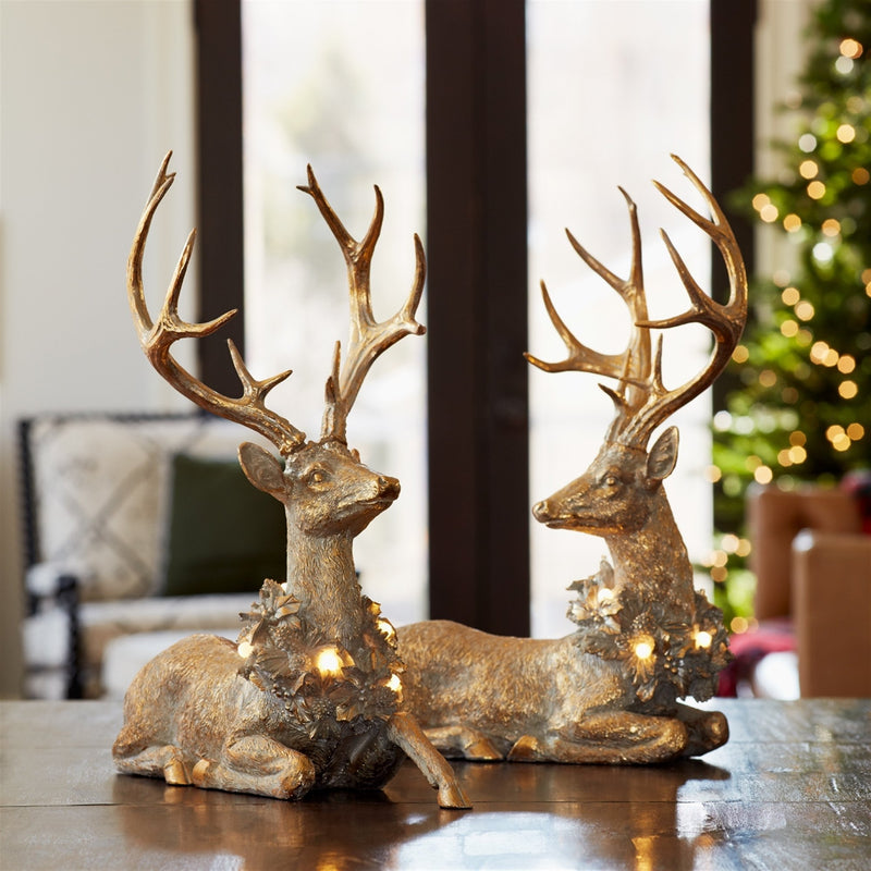 Melrose Holiday Deer Figurine with Lighted Wreath and Gold Finish (Set of 2)