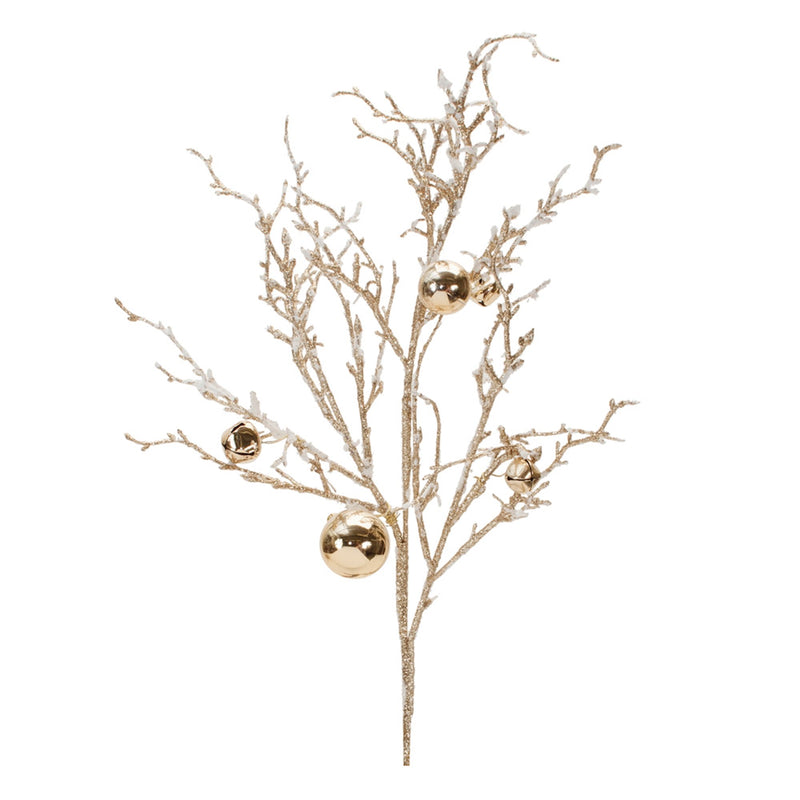 Melrose Flocked Twig Branch with Sleigh Bells (Set of 6)