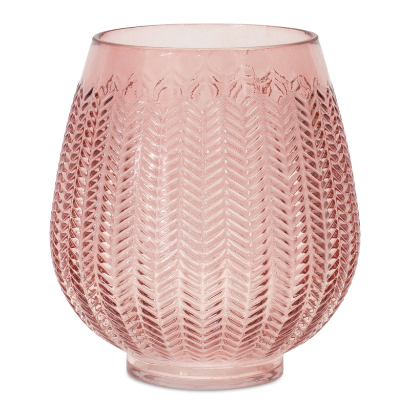 Melrose Pink Ribbed Glass Vase or Candle Holder 8"H
