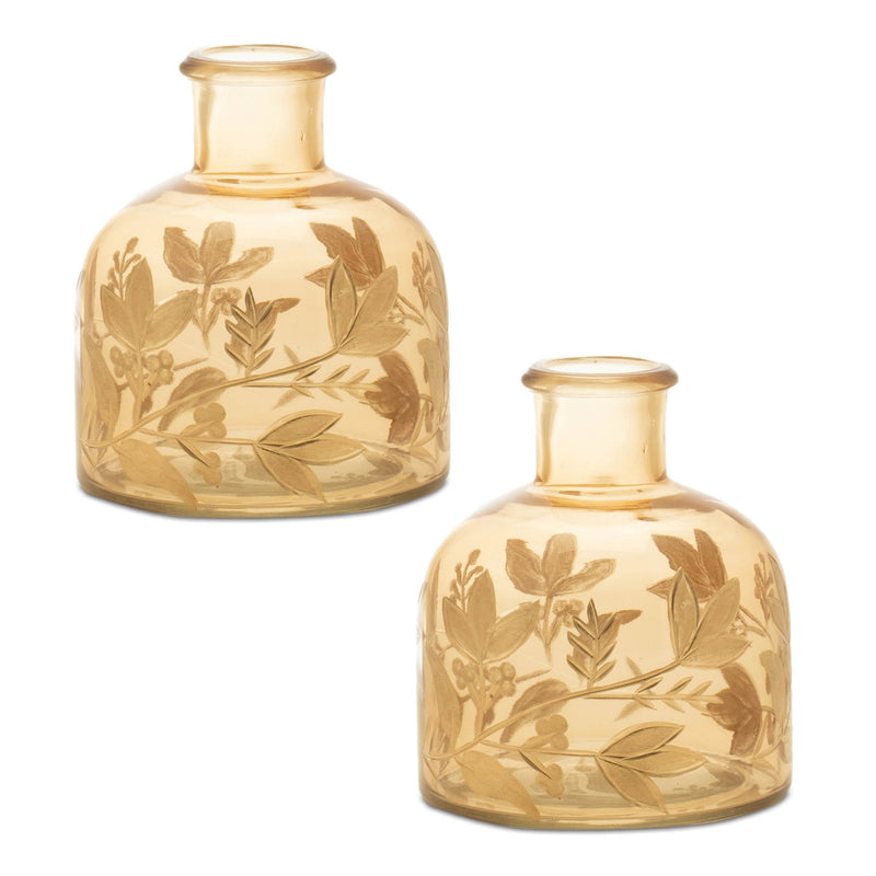 Melrose Foliage Etched Glass Bottle Vase (Set of 2)