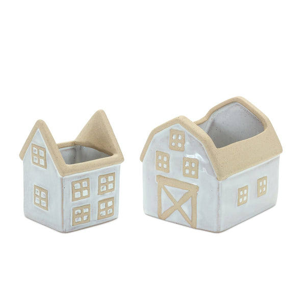Melrose Neutral Porcelain House and Barn Planter Set of 2 Planter, House & Barn