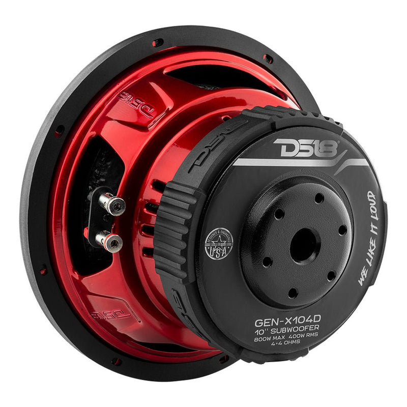 DS18 GEN-X104D Dynamic 10" 800 Watt Deep Bass Dual 4-Ohm Voice Coil Subwoofer - Red & Black