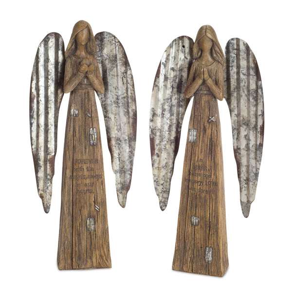 Melrose Rustic Wood Sentiment Angel with Galvanized Metal Wings (Set of 2)
