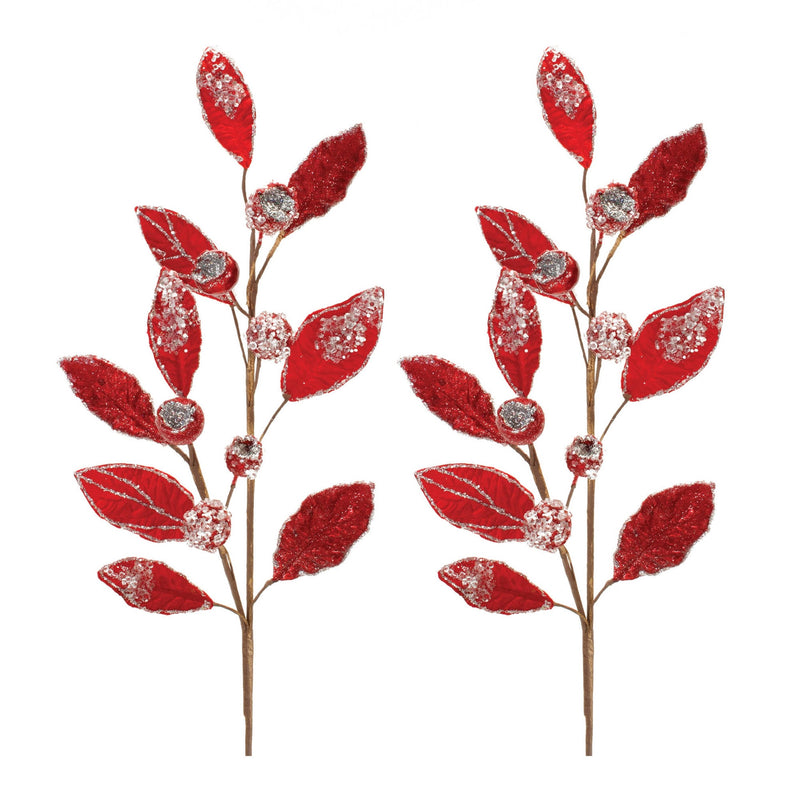 Melrose Beaded Red Leaf Stem (Set of 2)