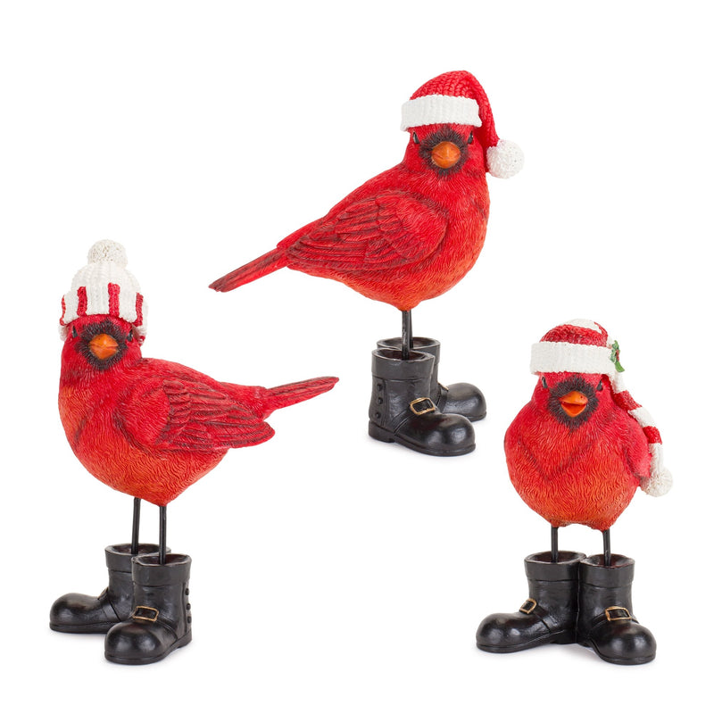Melrose Winter Cardinal Bird Figurine with Santa Boots and Hat (Set of 3)