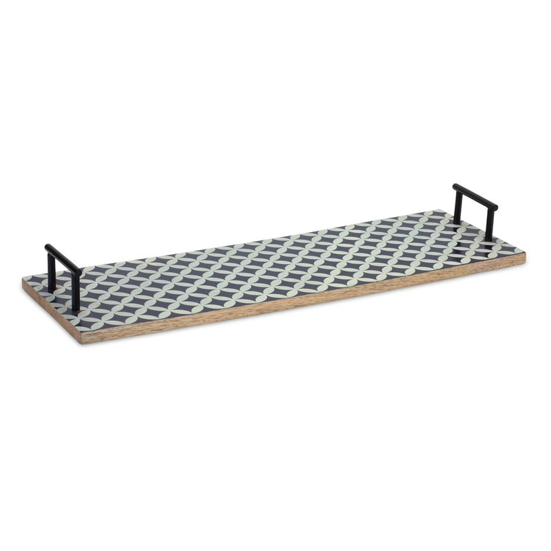 Melrose Mango Wood Tray with Geometric Design and Metal Handle Accents (Set of 2