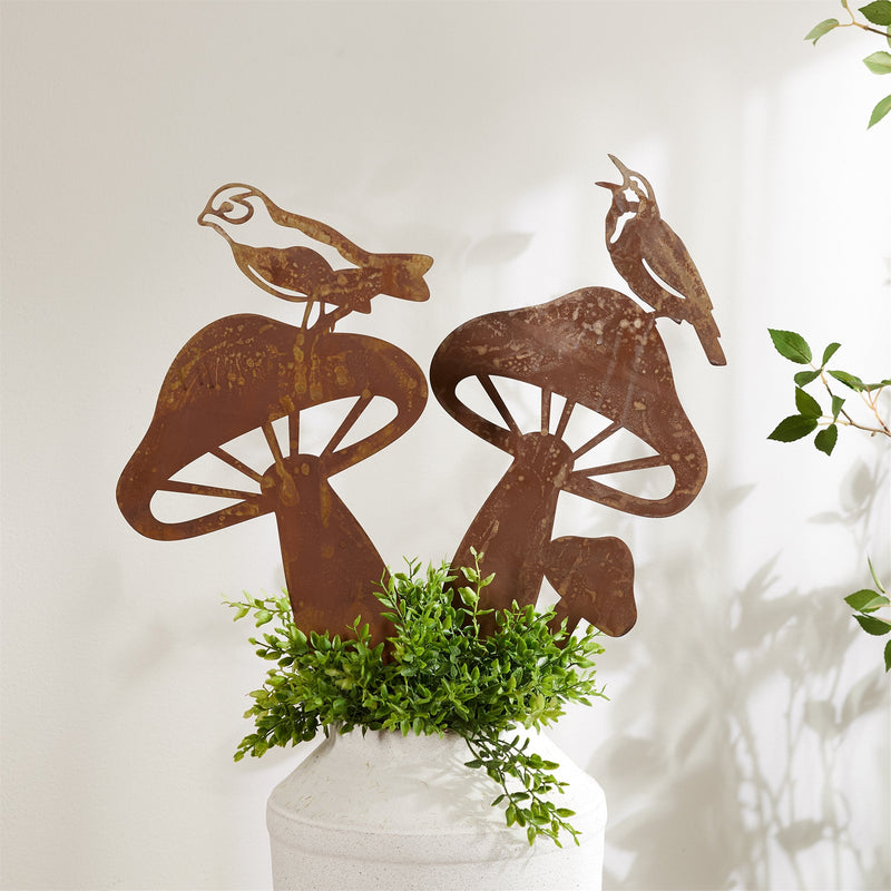 Melrose Metal Bird and Mushroom Garden Stake (Set of 2)