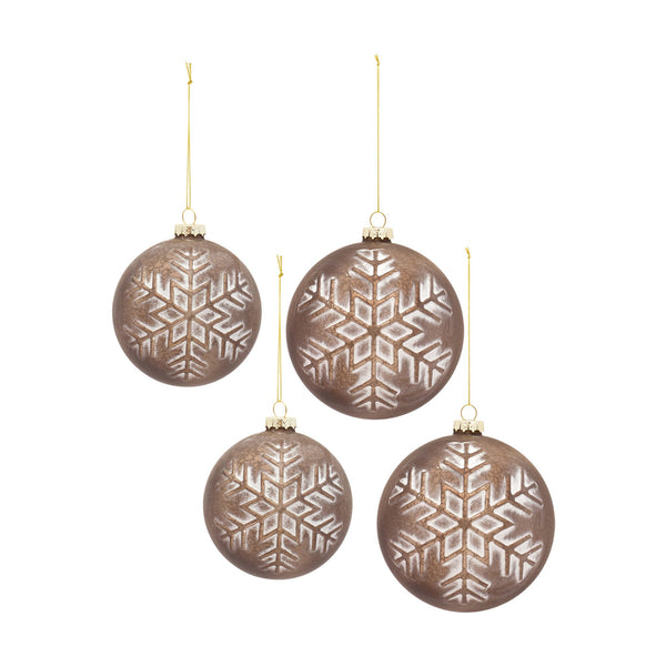 Melrose Bronze Glass Ball Ornament with Brushed Snowflake Design (Set of 4)