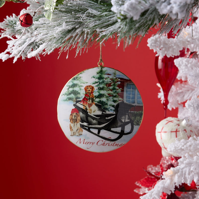 Melrose Metal Dogs in Sleigh Disc Ornament (Set of 6)