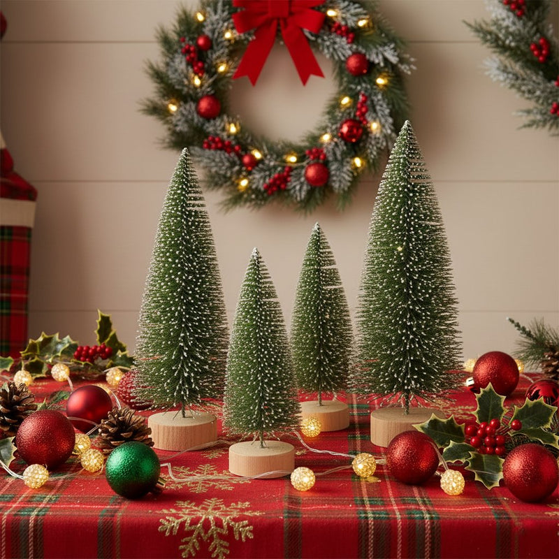 Melrose LED Lighted Green Bottle Brush Tree with Wood Base and Gold Accent (Set