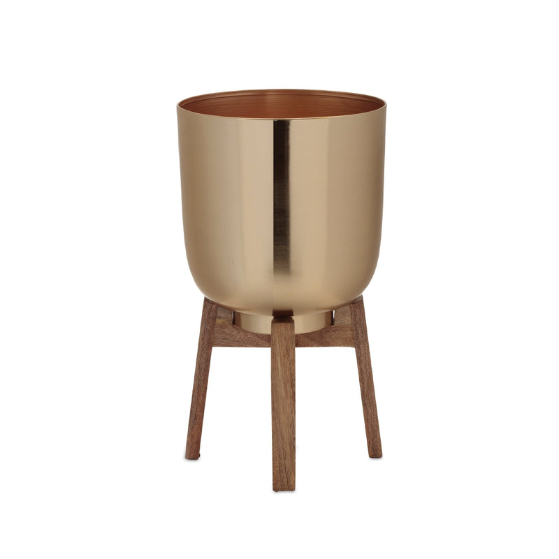 Melrose Round Metal Planter with Wooden Stand Set of 2 Planter