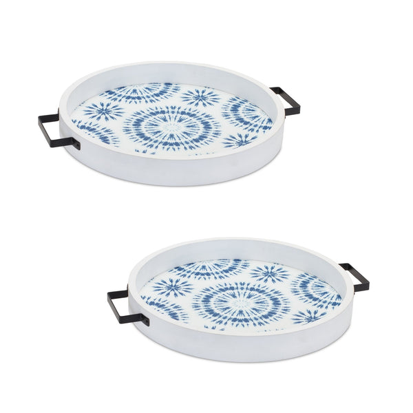Melrose Round Wooden Tie-Dye Design Tray (Set of 2)