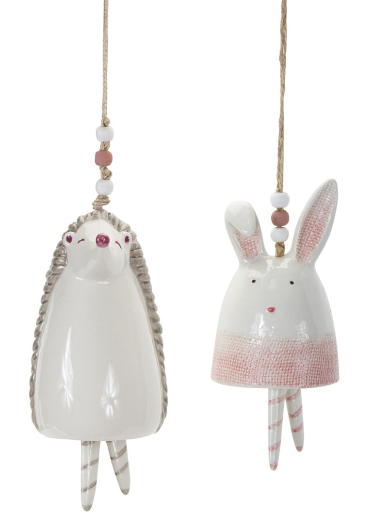 Melrose Blush Bunny and Hedgehog Bell Hanging Garden Accent (Set of 4)