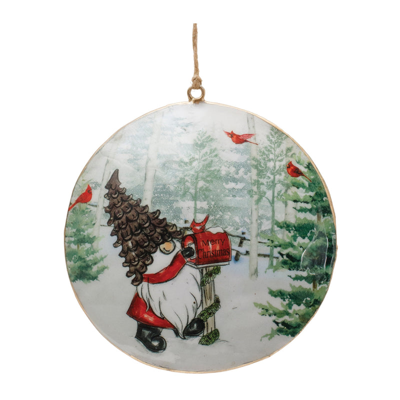Melrose Metal Gnome Cardinal Forest Disc Ornament (Set of 6)