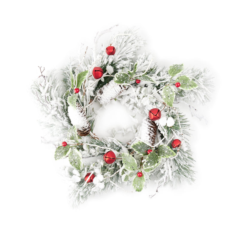 Melrose Flocked Pine Holly Sleigh Bell Candle Ring 18"D