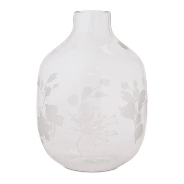 Melrose White Frosted Glass Vase with Floral Etching