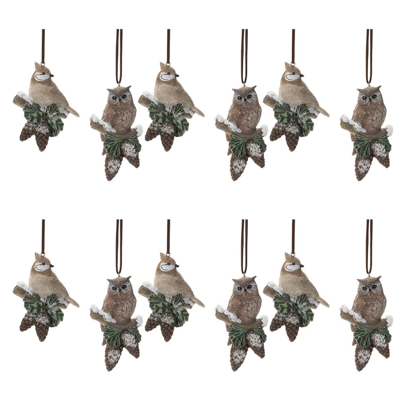 Melrose Snowy Cardinal Bird and Owl Ornament (Set of 12)