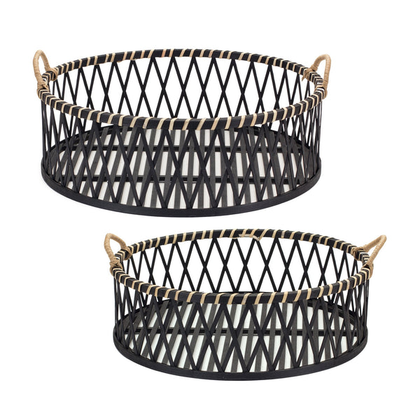 Melrose Round Woven Bamboo Trays with Rattan Handle Accent (Set of 2)
