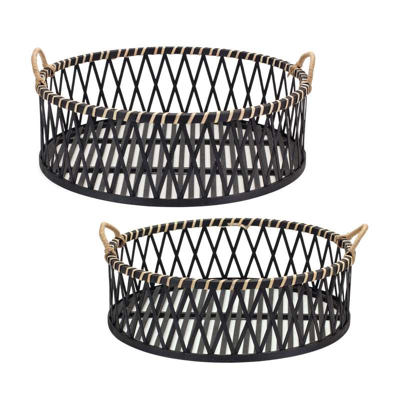Melrose Round Woven Bamboo Trays with Rattan Handle Accent (Set of 2)