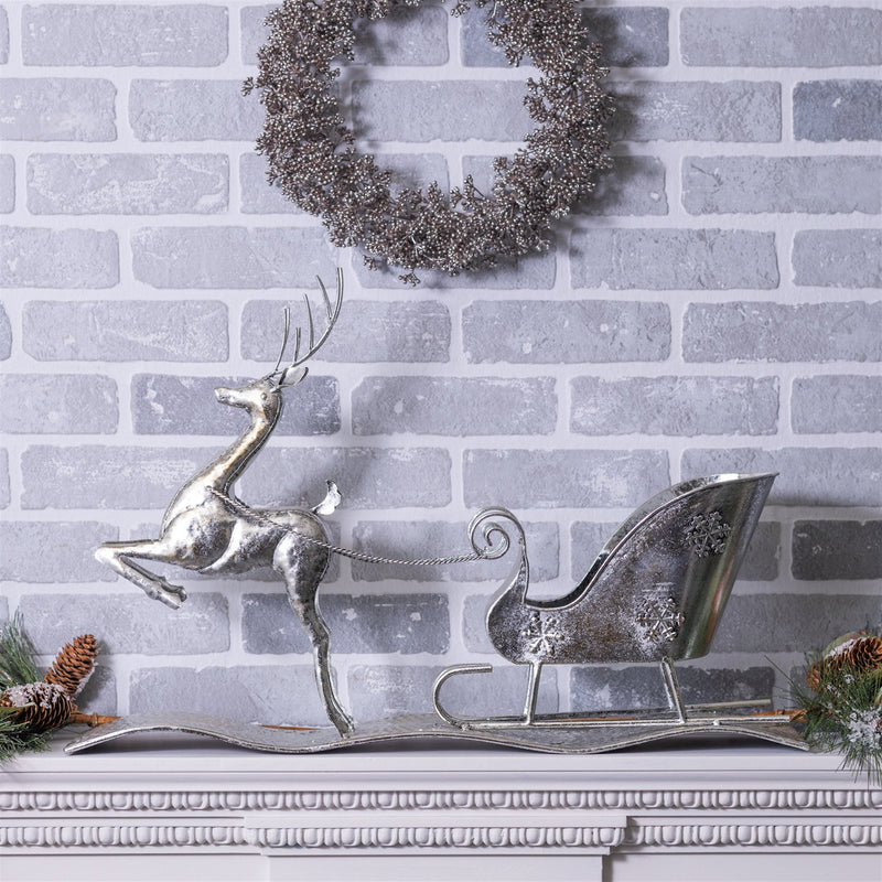 Melrose Hammered Metal Reindeer with Sleigh 25.5"L