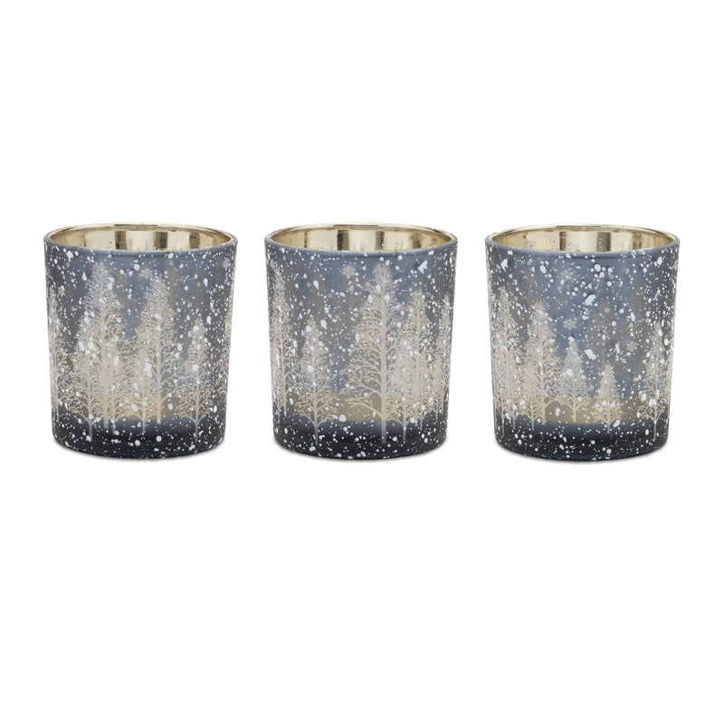 Melrose Navy Pine Tree Glass Votive Holder (Set of 3)