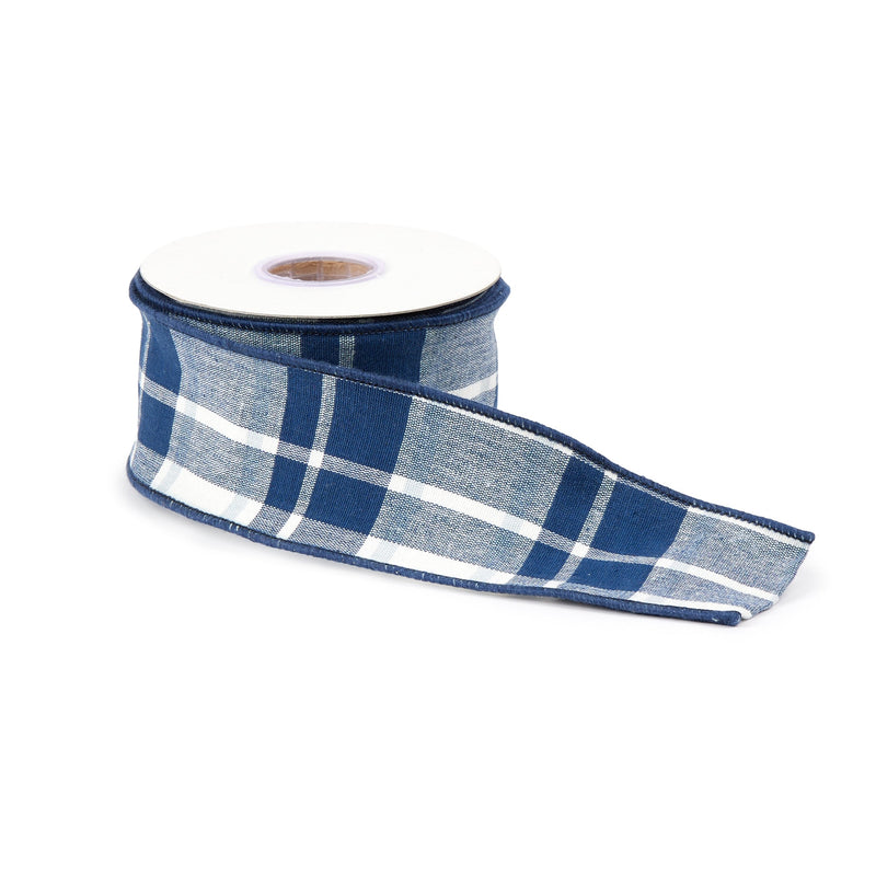 Melrose Navy Blue and White Plaid Wired Ribbon (Set of 2)