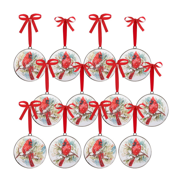 Melrose Winter Cardinal and Pine Branch Disc Ornament (Set of 12)
