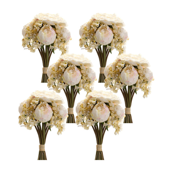 Melrose Ivory White Peony and Hydrangea Flower Bouquet (Set of 6)