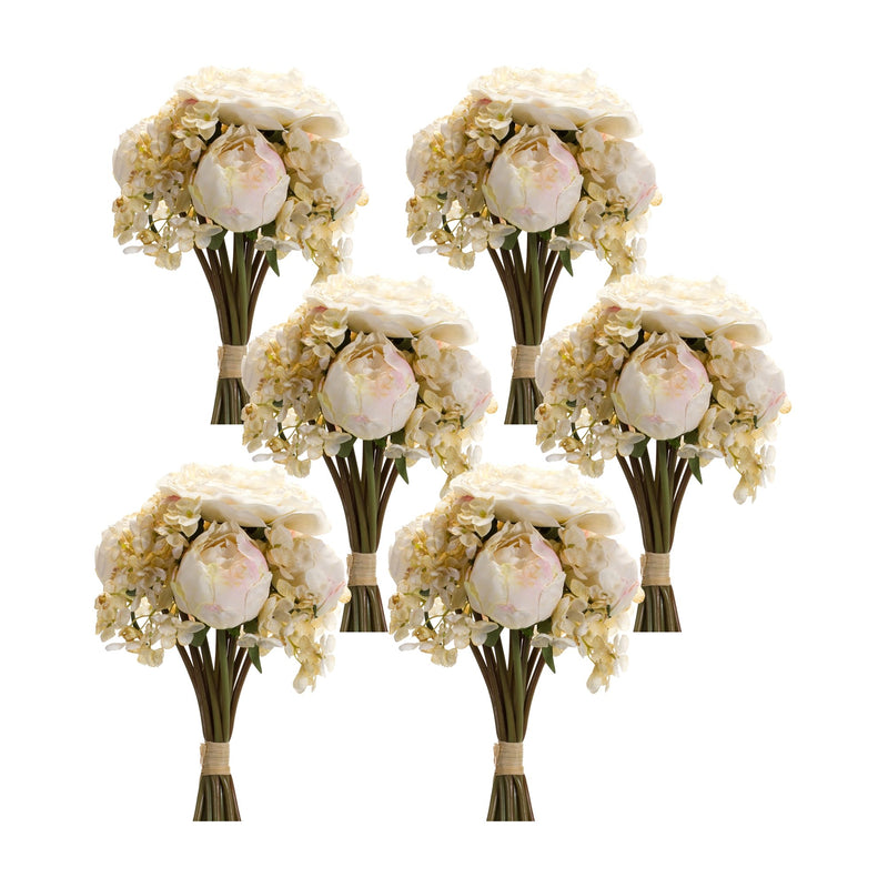 Melrose Ivory White Peony and Hydrangea Flower Bouquet (Set of 6)