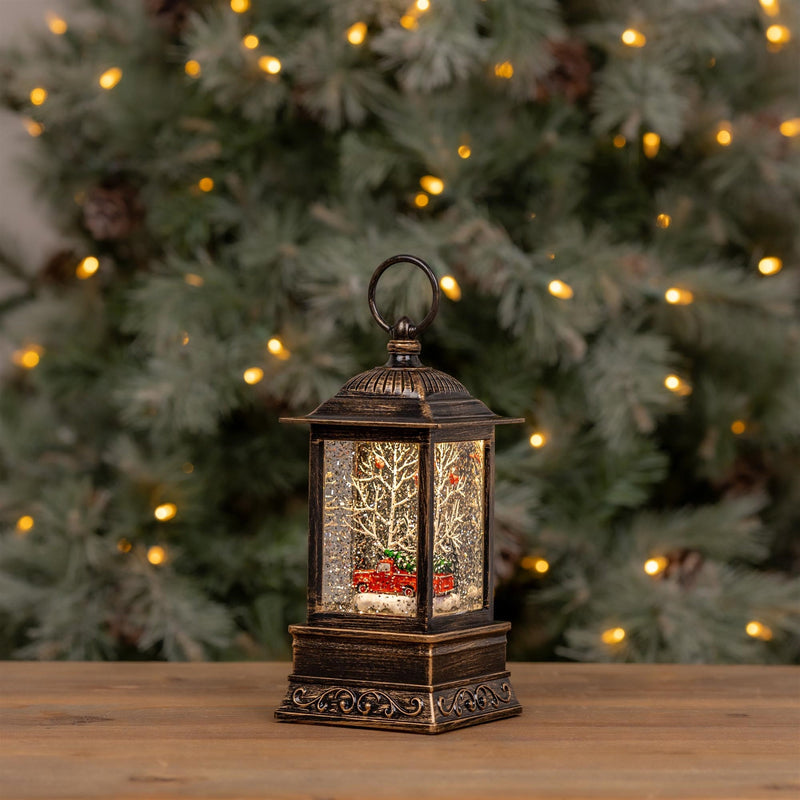 Melrose LED Snow Globe Lantern with Truck and Forest Scene 10.25"H